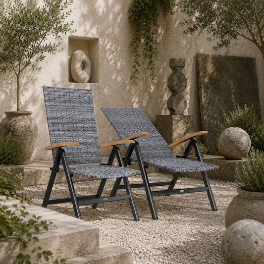 Nihara Rattan Light Grey Folding Garden Dining Chairs Set Of 2 With Reclining Back And Wooden Armrests