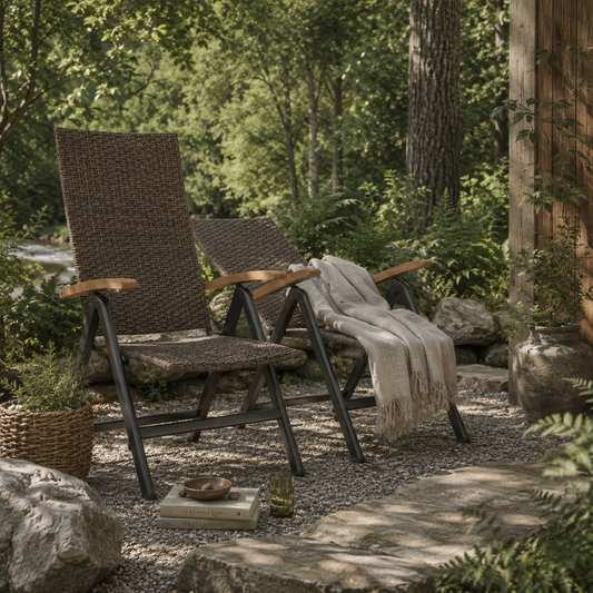 Nabaha Veel Rattan Brown Folding Garden Dining Chairs Set Of 2 With 5 Position Recline And Wood Armrests