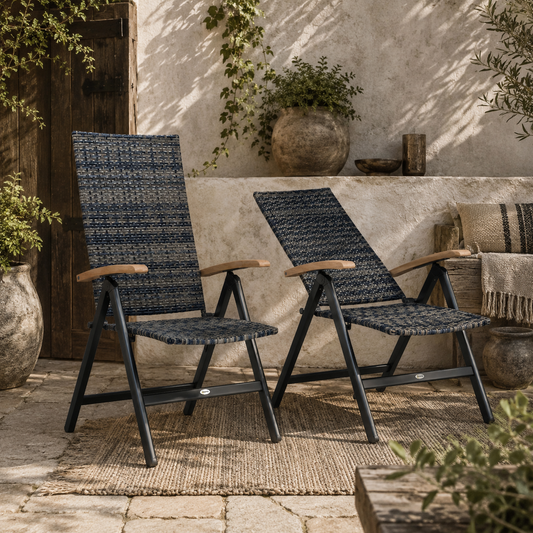 Paripa Rattan Mixed Grey Folding Garden Dining Chairs Set Of 2 With Adjustable High Back And Wood Armrests