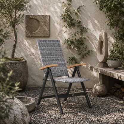 Konotte Suma Rattan Light Grey Folding Garden Dining Chair With 5 Position Reclining Back And Wooden Armrests