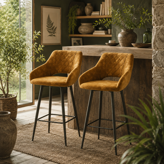 Fadole Velvet Gold Mustard Bar Stools Set Of 2 With Soft Touch Upholstery And Footrests