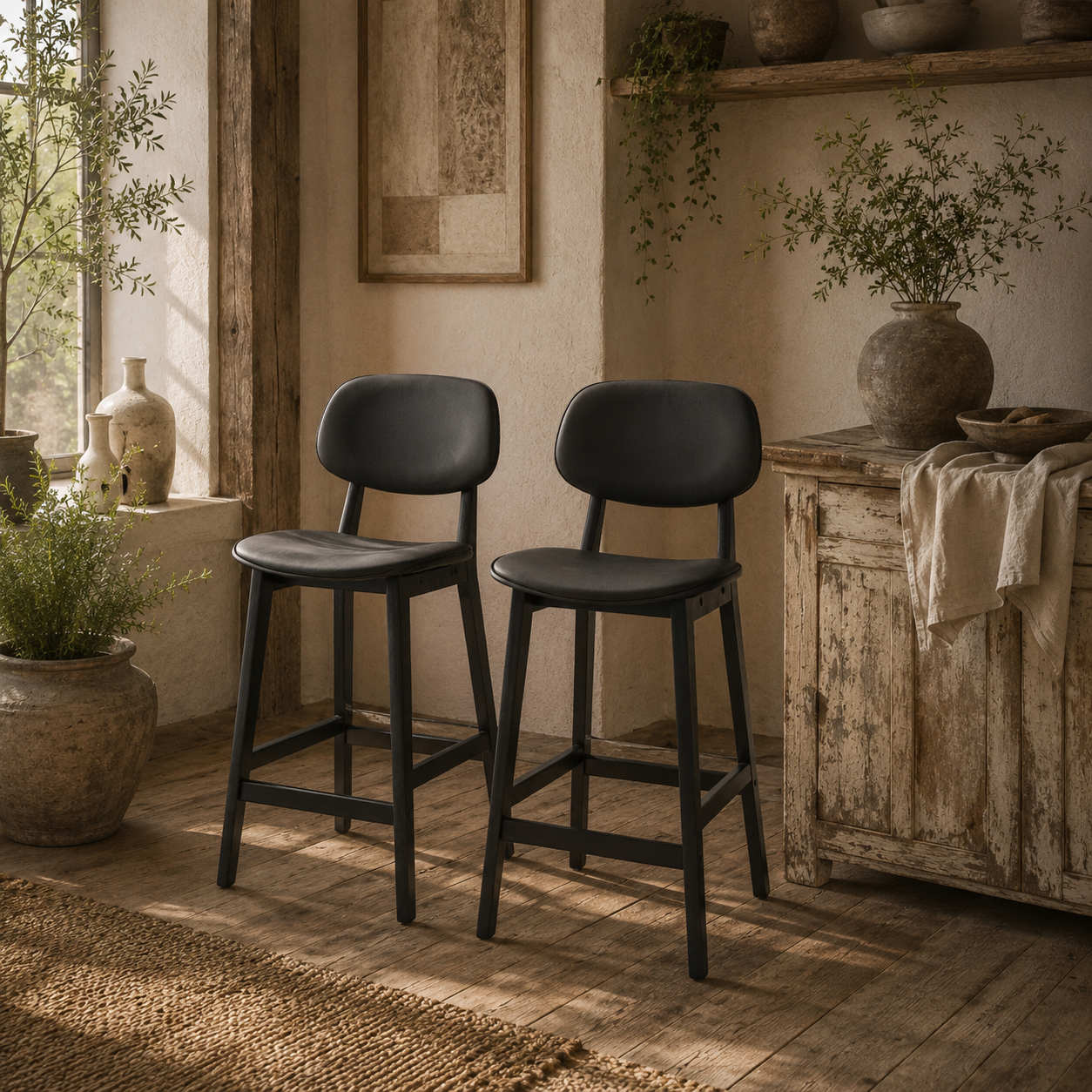 Resono Solid Wood Black Classic Bar Stools Set Of 2 With Faux Leather Seats