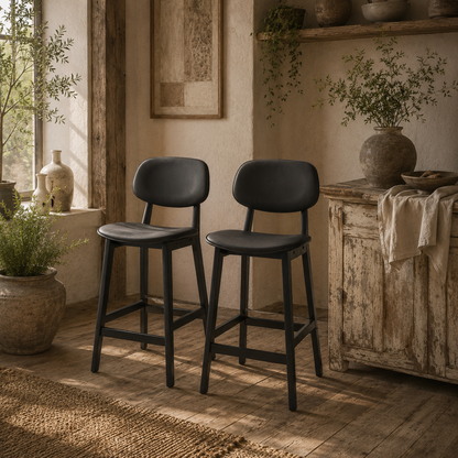 Resono Solid Wood Black Classic Bar Stools Set Of 2 With Faux Leather Seats