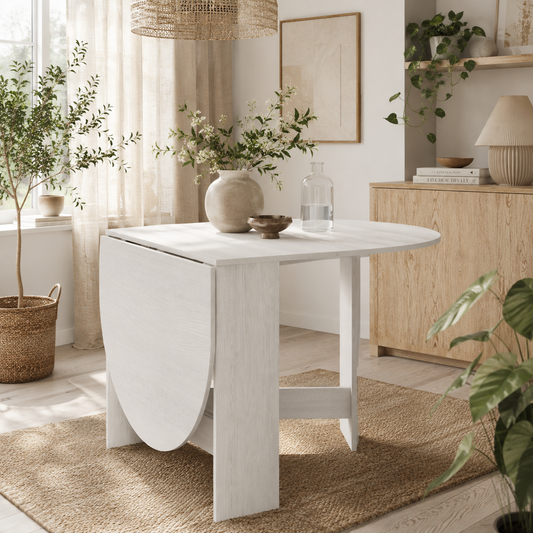 Ziri Wooden White Washed Finish Oval Drop Leaf Dining Table For Small Spaces