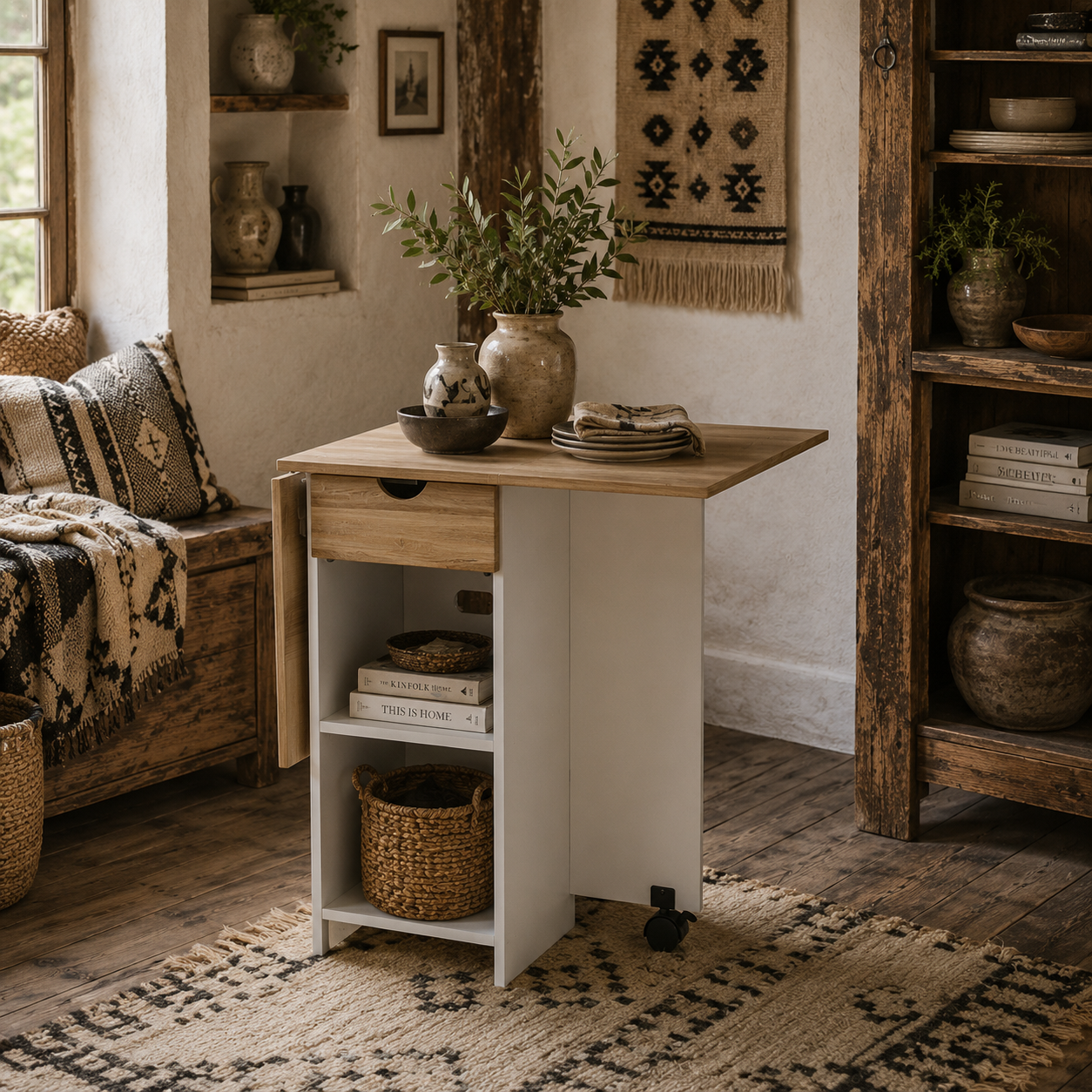 Coyova Wooden Oak Folding Drop Leaf Dining Table With Drawer And Storage Shelves