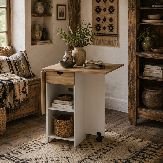 Coyova Wooden Oak Folding Drop Leaf Dining Table With Drawer And Storage Shelves