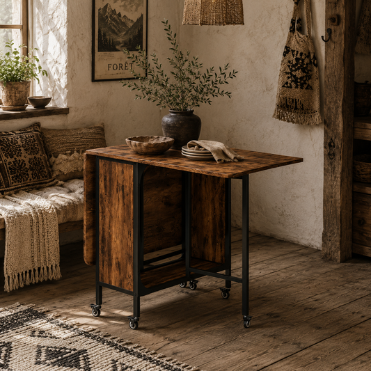 Nilanana Wooden Rustic Brown And Black Drop Leaf Dining Table Seating 6