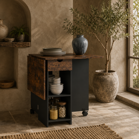 Barretti Wooden Rustic Brown Folding Drop Leaf Dining Table With Drawer And Storage Shelves