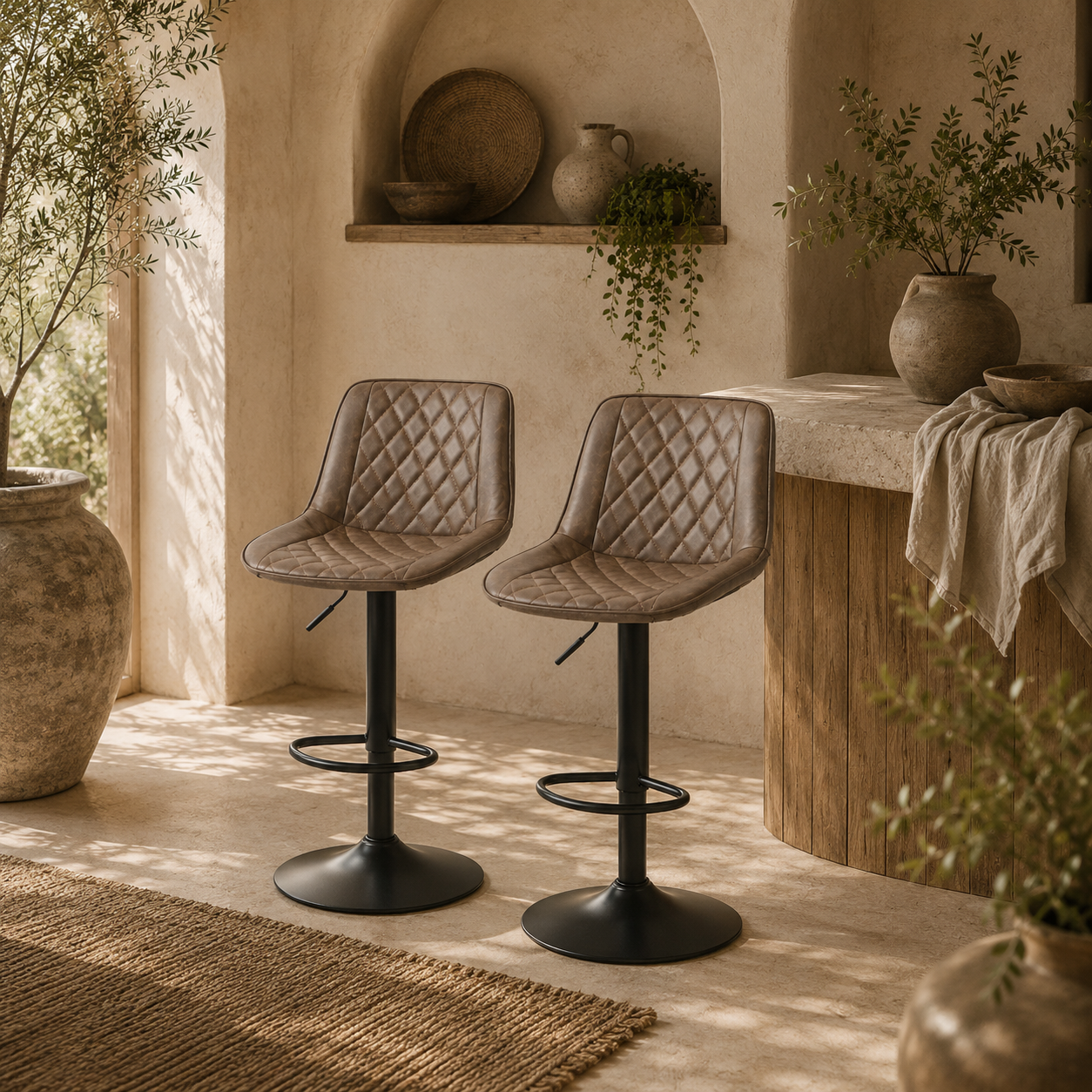 Tadilu Faux Leather Brown Adjustable Retro Bar Stools Set Of 2 With Swivel Seats