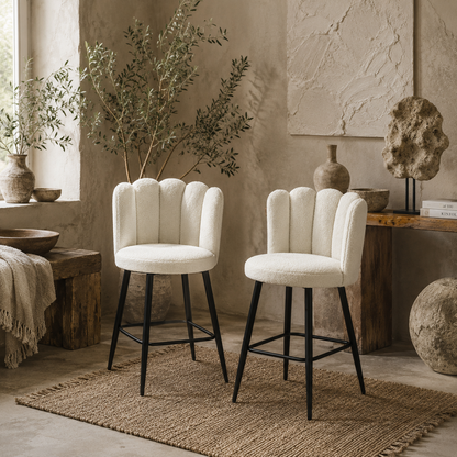 Ettine Scallop Boucle Cream Upholstered Bar Stools Set Of 2 With Steel Base And Footrest