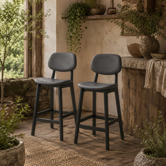 Lavidiel Faux Leather Dark Grey Bar Stools Set Of 2 With Back Support And Wood Legs