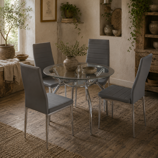 Dinika Metal And Glass Grey 5 Piece Dining Table Set With Padded Chairs
