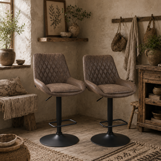 Lenozzo Faux Leather Brown Set Of 2 Retro Style Bar Stools With Padded Seats