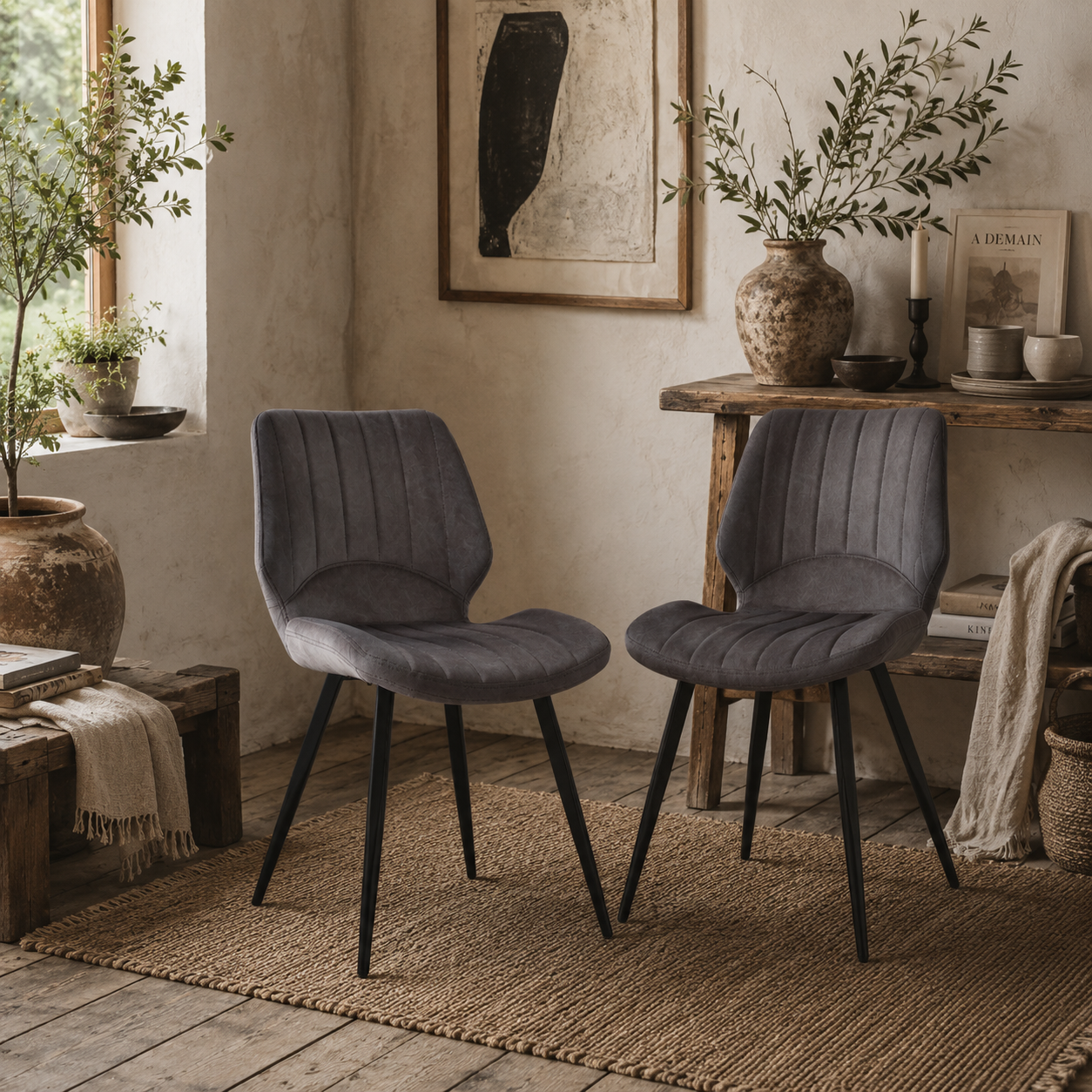 Vielco Faux Leather Grey Upholstered Dining Chairs Set Of 2 With Steel Frame