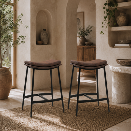 Noveha Microfiber Brown Industrial Breakfast Bar Stools Set Of 2 With Curved Seat
