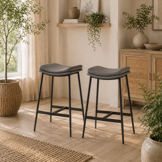 Ralura Microfiber Grey Industrial Breakfast Bar Stools Set Of 2 With Curved Seat