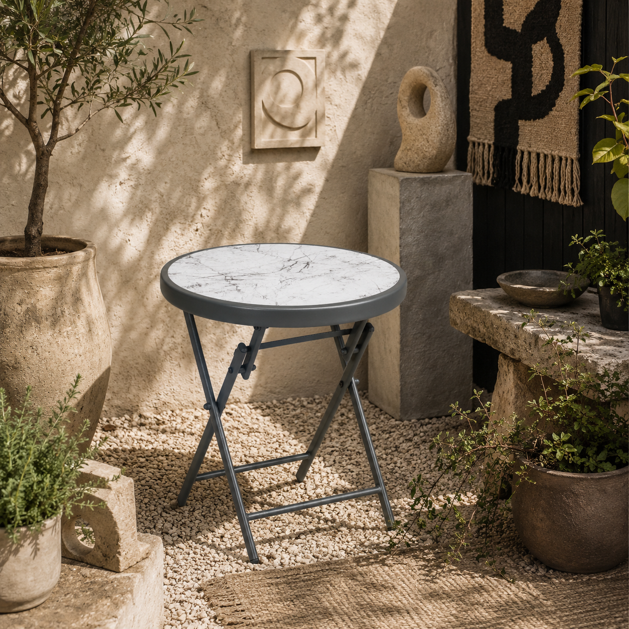 Lusafa Metal And Glass White Folding Outdoor Side Table 45cm With Marble Effect Top