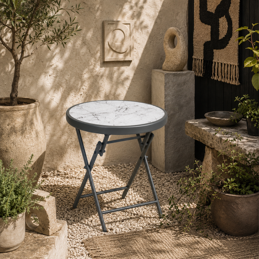Lusafa Metal And Glass White Folding Outdoor Side Table 45cm With Marble Effect Top