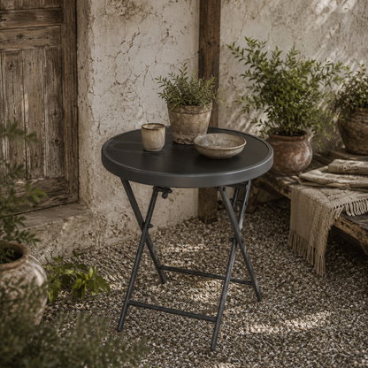 Laparo Metal And Glass Black Folding Outdoor Side Table 45cm With Marble Effect Top