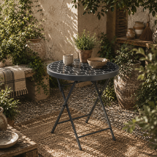 Mikale Metal And Glass Black And White Folding Outdoor Side Table 45cm With Marble Effect Top
