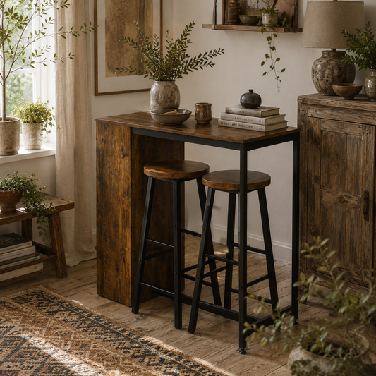 Vasori Metal And Wooden Industrial 3 Piece Bar Table Set With Storage Shelving