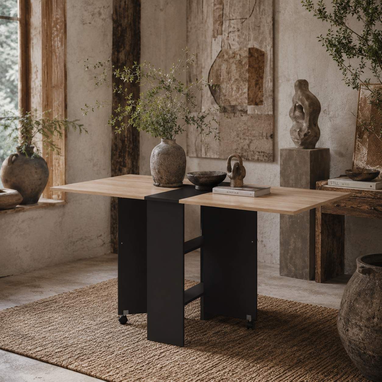 Toelka Wooden Oak And Black Ex10dable Drop Leaf Dining Table With Shelves And Castors