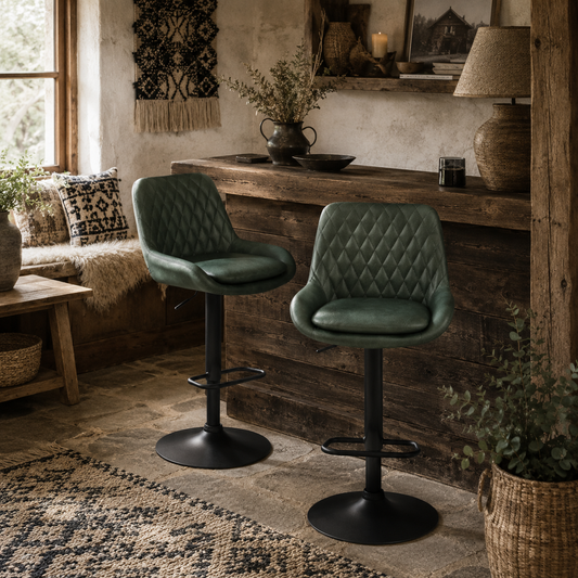 Milosu Fabric Green Adjustable Retro Bar Stools Set Of 2 With Swivel Seats