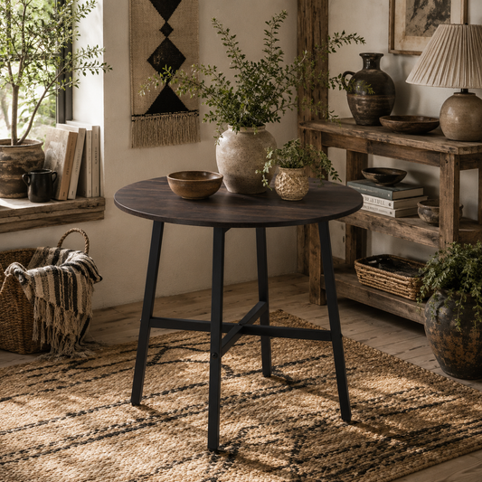 Vizina Metal And Wood Rustic Brown Round Industrial Dining Table 85cm