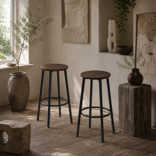Kabato Metal And Wood Rustic Brown Industrial Bar Stools Set Of 2 With Footrest