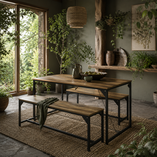 Yomaha Wooden Natural Dining Table With 2 Benches Seating 4