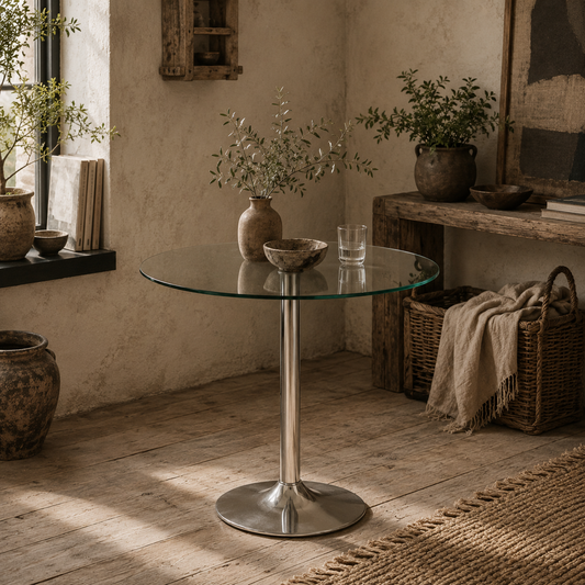Diliha Metal And Glass Clear Round Dining Table With Steel Base For Compact Spaces