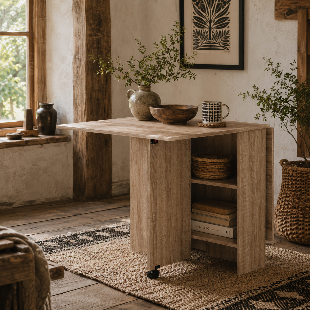 Vasufa Wooden Natural Ex10dable Drop Leaf Dining Table Seating 4 To 6 With Shelves And Wheels