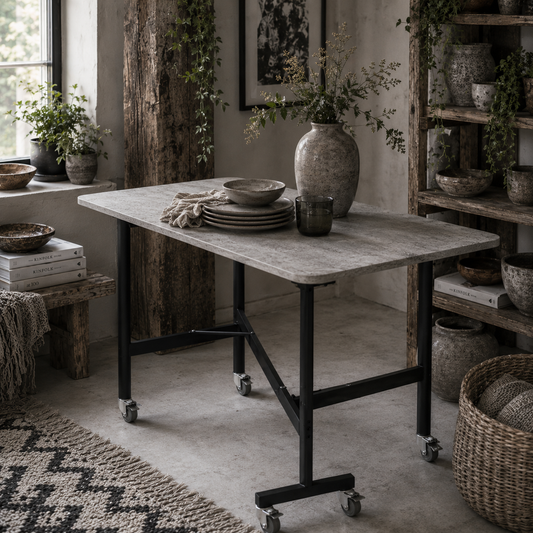 Ritodo Wooden Grey Marble Effect Mobile Drop Leaf Dining Table With Locking Castors