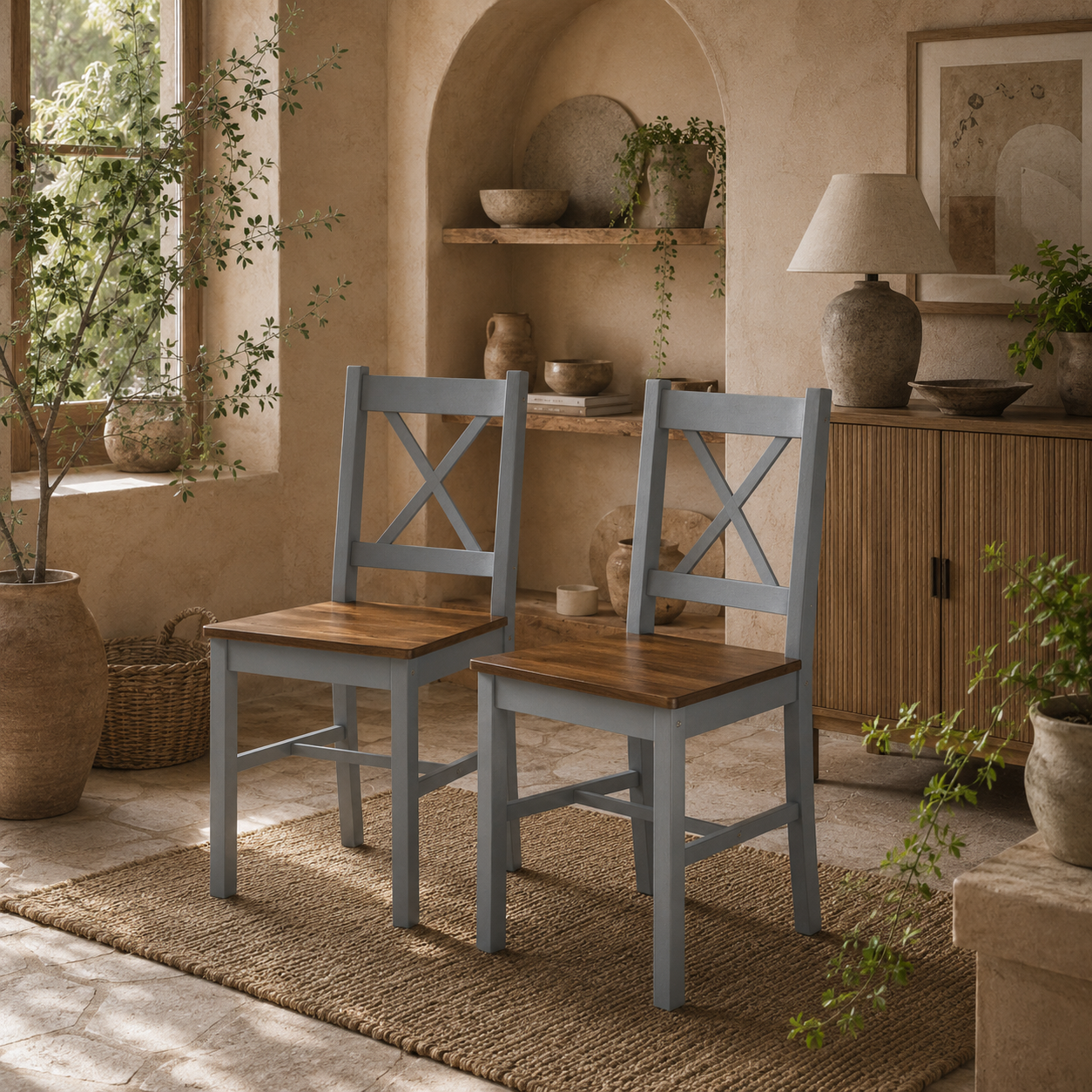 Vinnetti Solid Wood Grey Cross Back Dining Chairs Set Of 2 With Classic Structure