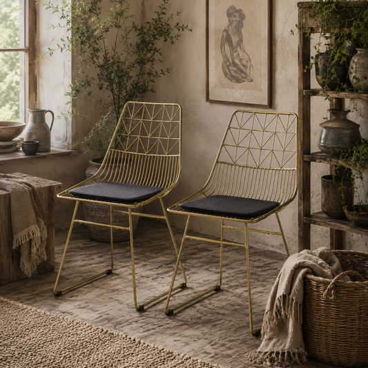 Kalu Metal Gold Wire Dining Chairs Set Of 2 With Removable Velvet Cushion