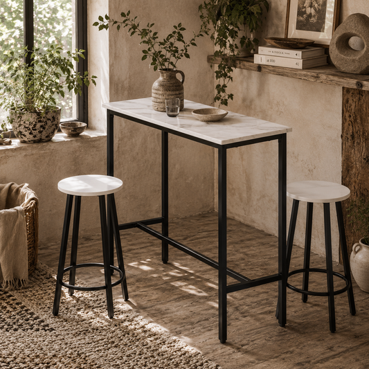 Telano Marble Effect White And Black 3 Piece Bar Table And Stool Set