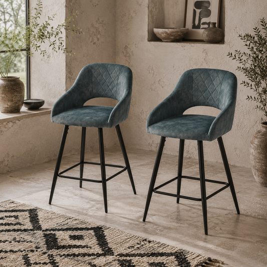Lona Bale Set Of 2 Blue Velvet Fabric Counter H8 Bar Chairs With Steel Legs