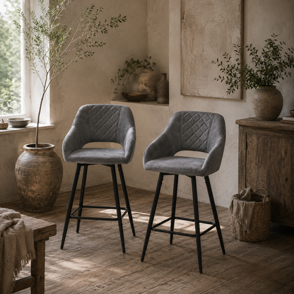 Zire Set Of 2 Grey Velvet Fabric Counter H8 Bar Chairs With Steel Legs
