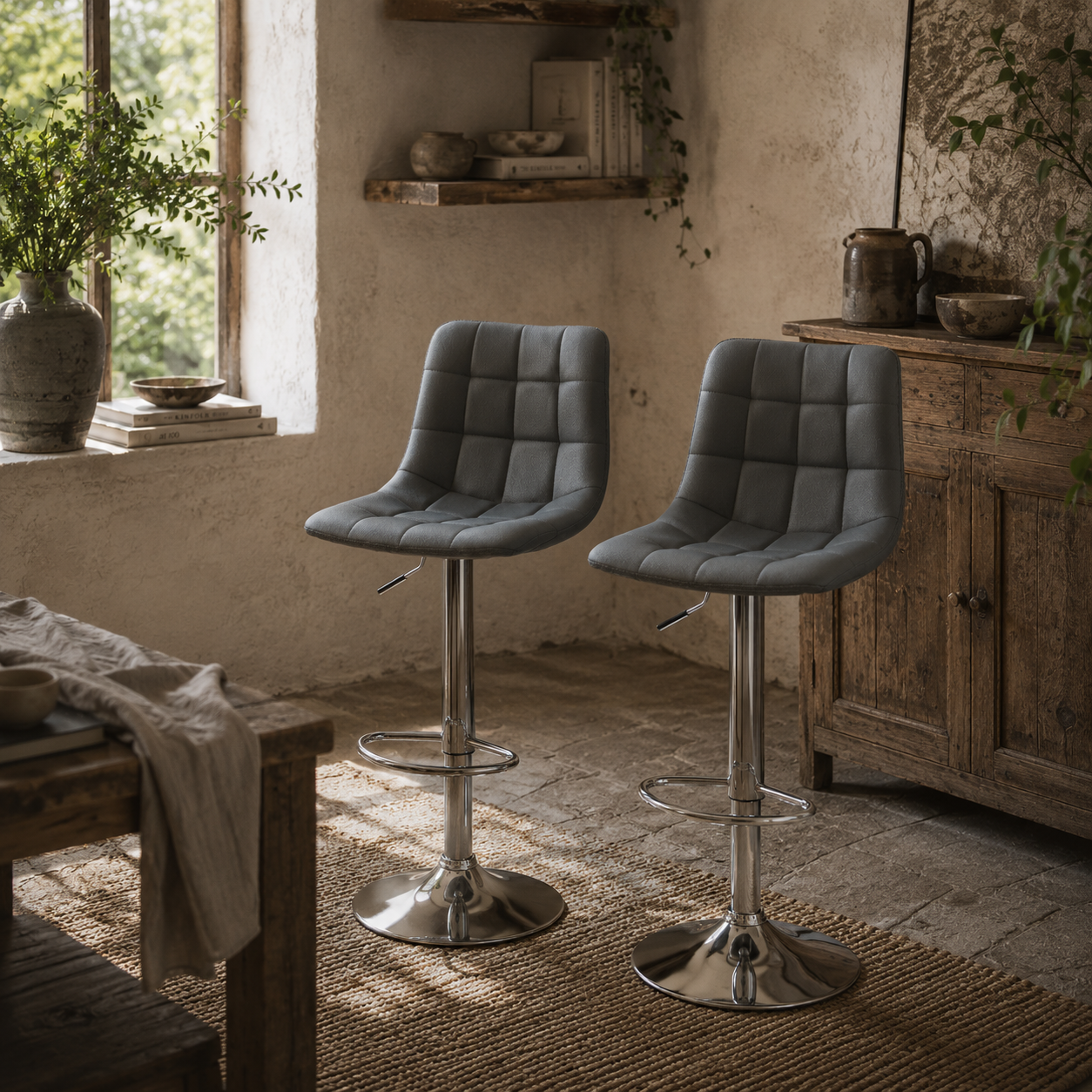 Vivivi Set Of 2 Grey Tufted Faux Leather Swivel Bar Stools With Back Support