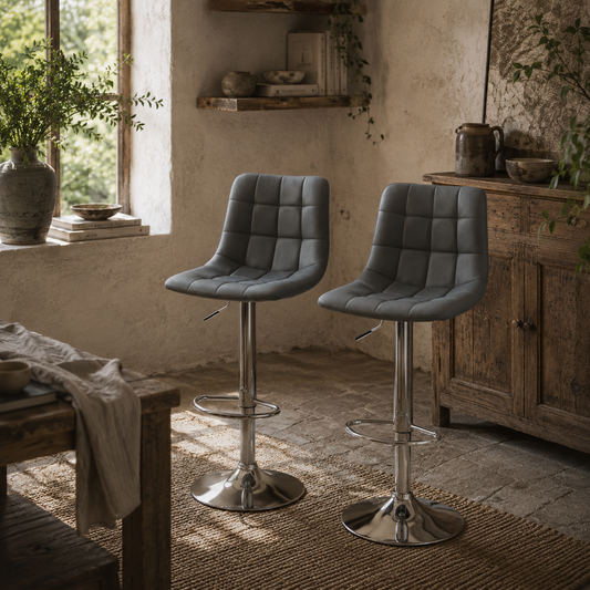 Vivivi Set Of 2 Grey Tufted Faux Leather Swivel Bar Stools With Back Support