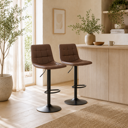 Ninora Set Of 2 Brown Tufted Faux Leather Swivel Bar Stools With Back Support