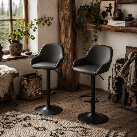 Falani Set Of 2 Black Faux Leather Adjustable Bar Chairs With Armrests