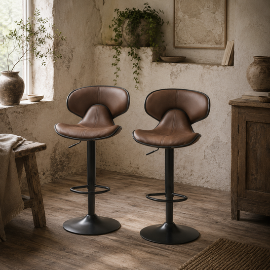 Mifaro Set Of 2 Brown Adjustable Swivel Bar Stools With Steel Frame And Footrest