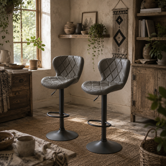 Moliyo Set Of 2 Dark Grey Swivel Bar Stools With Diamond Pattern And Steel Frame