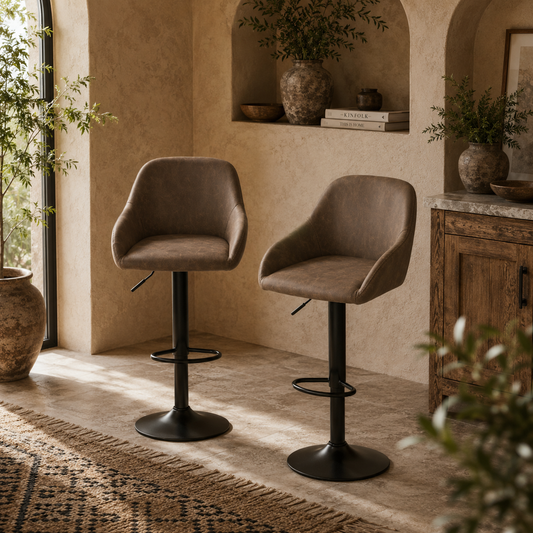 Fadota Set Of 2 Dark Brown Faux Leather Adjustable Bar Chairs With Armrests