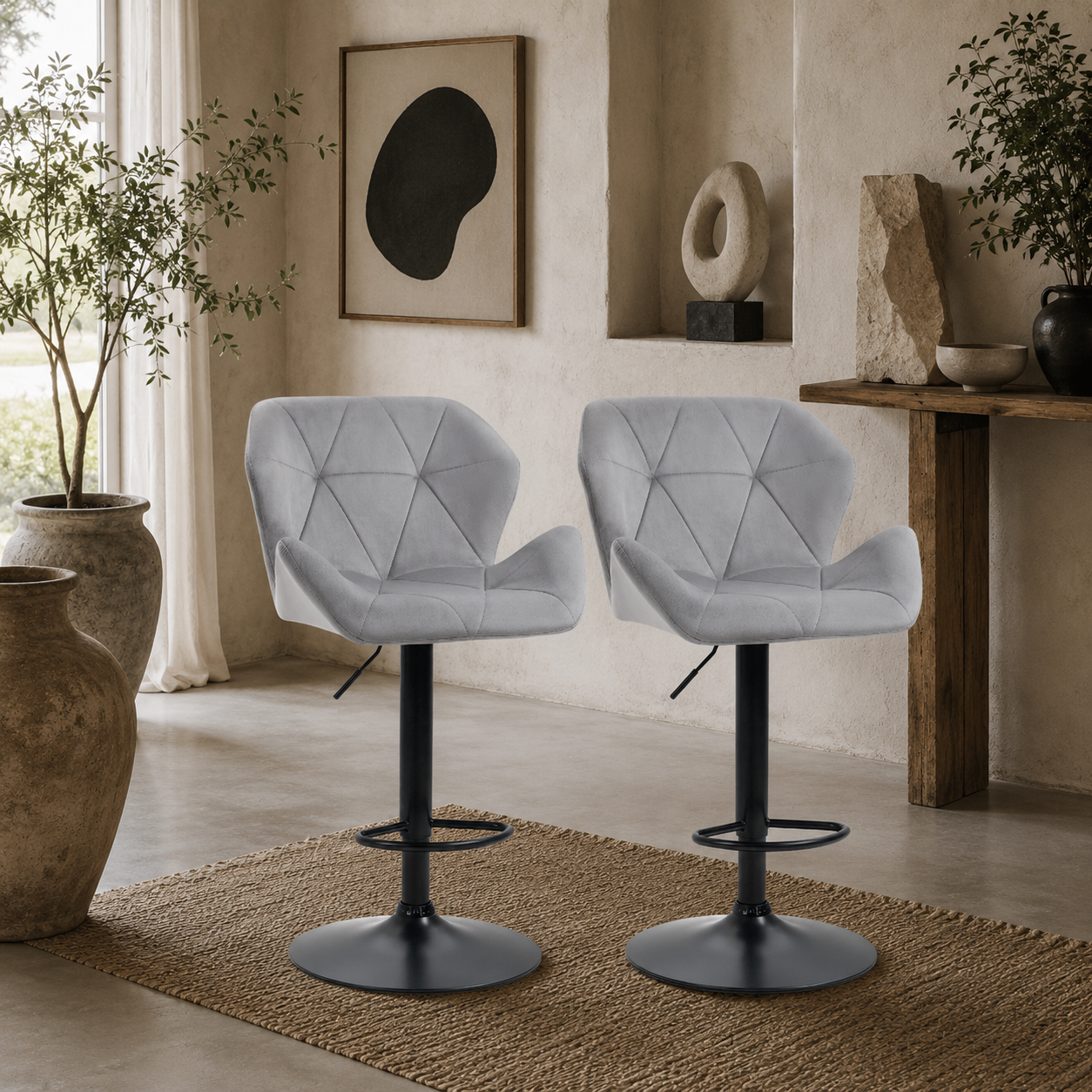 Savi Velvet Grey Adjustable Swivel Bar Stools Set Of 2 With Sculpted Seat And Footrest