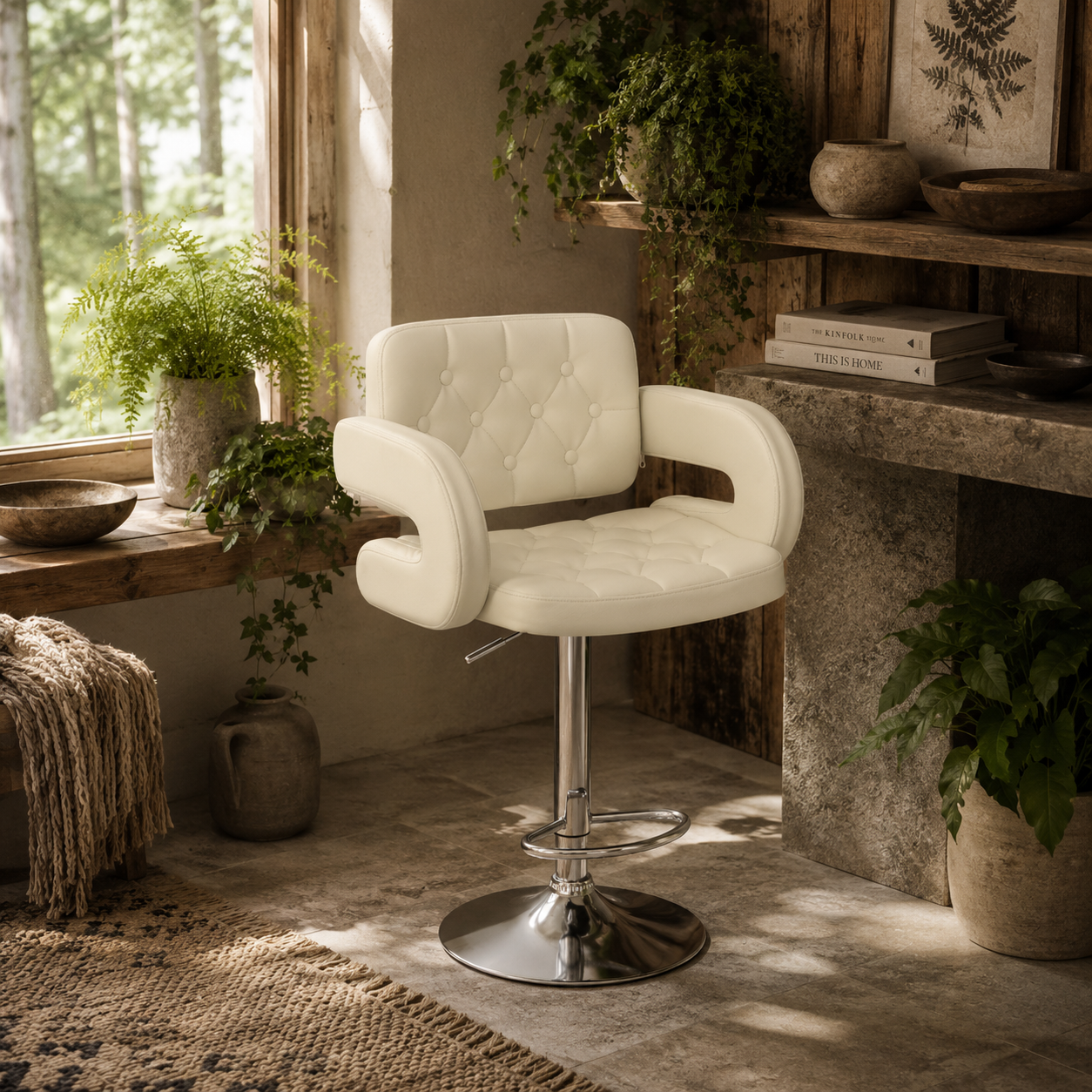 Filena Faux Leather Beige Adjustable Swivel Bar Stool With Armrests And Footrest