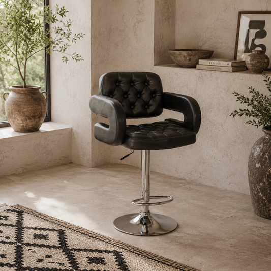 Rina Faux Leather Black Adjustable Swivel Bar Stool With Armrests And Footrest