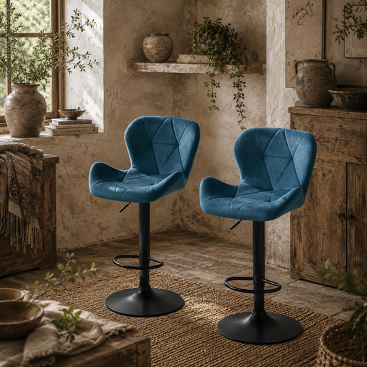 Rottira Velvet Blue Adjustable Swivel Bar Stools Set Of 2 With Sculpted Seat And Footrest
