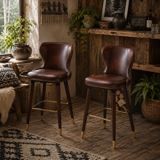 Halotti Faux Leather Brown Bar Stools Set Of 2 With Back Support And Wooden Legs